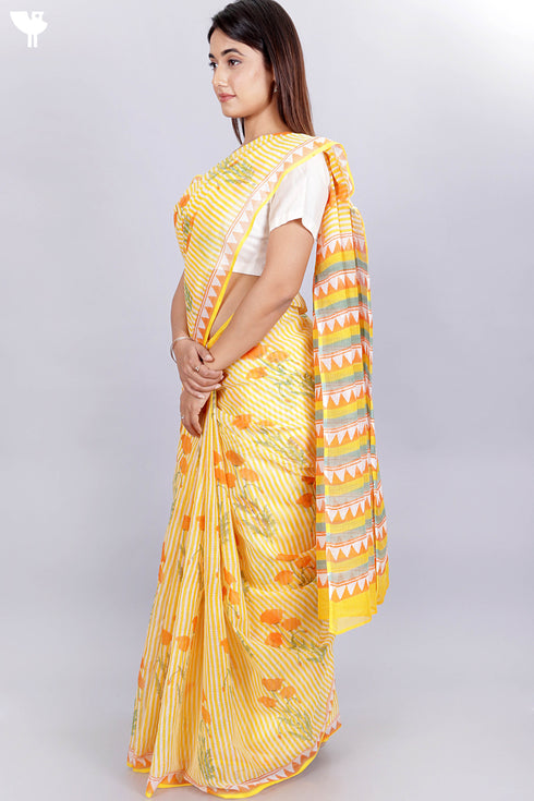 Kota Doria Saree In Floral Block Print